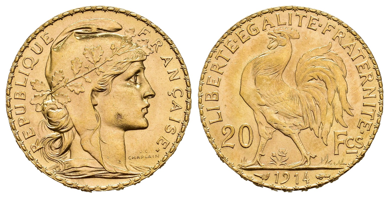 PEUS 8634 Frankreich 5,81 g Feingold. Marianne / Galischer Hahn 20 Francs GOLD 1914 Kl. Kratzer, Vorzüglich
