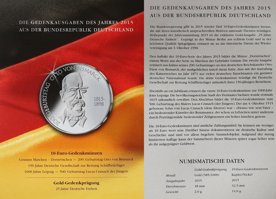  BRD 10 Euro Gedenkmünzen 2015 und Gold Gedenkprägung im MDM Folder 5 Münzen + Medaille   
