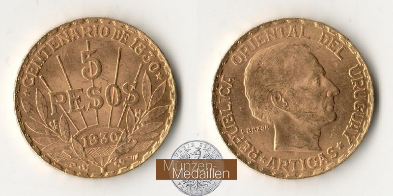 Uruguay MM-Frankfurt Feingewicht: 7,78g 5 Pesos 1930 ss
