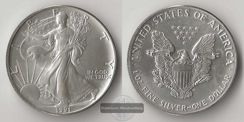  USA  1 Dollar  1991  American Silver Eagle   FM-Frankfurt     Feinsilber: 31,11g   