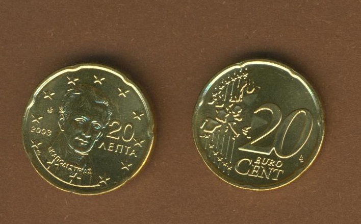 Griechenland 20 Cent 2003 bankfrisch aus der Rolle entnommen Auflage nur 800 000 Stück RAR.   