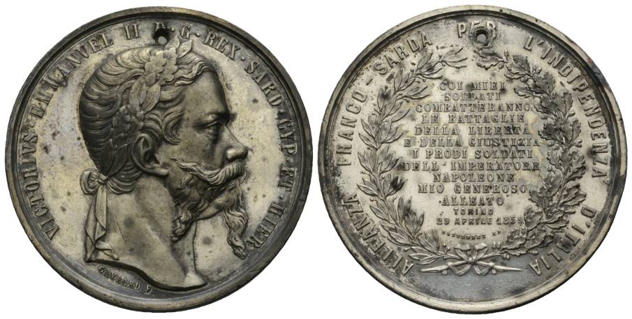  Medaille; Italien; Victorius Emmanuel II 1859; Turin; Zinn; 47 g; Ø 50 mm; gelocht   