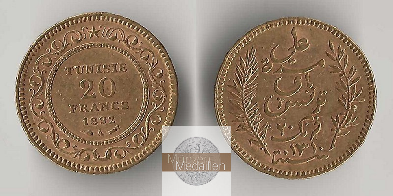 Tunesien, franz. Protektorat (1890-1957) MM-Frankfurt Feingewicht: 5,81g 20 Francs 1892 A 