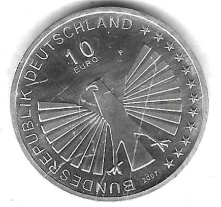  BRD 10 Euro 2007 F, 50 Jahre Römische Verträge, Silber 18 gr. 0,925, BU, siehe Scan unten   