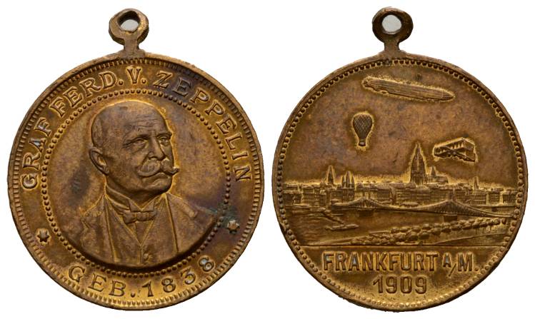  Medaille 1909; Graf Zeppelin; bronze;gehenkelt; 8,19 g; Ø 28,69 mm   