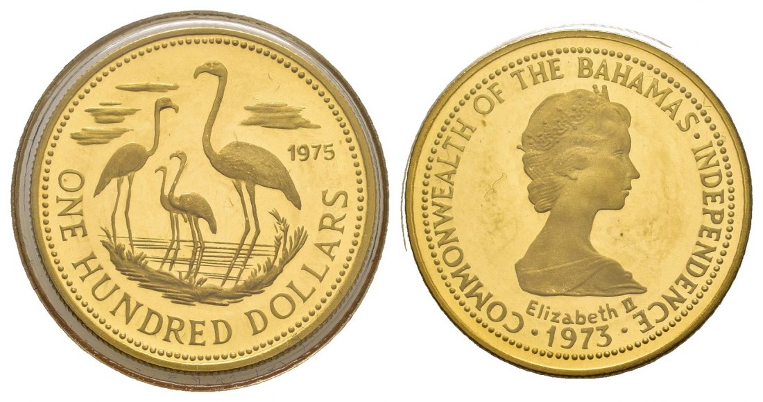 PEUS 9232 Bahamas 5 g Feingold. Flamingos 100 Dollars GOLD 1975 Impaired Proof / Vorzüglich + aus PP