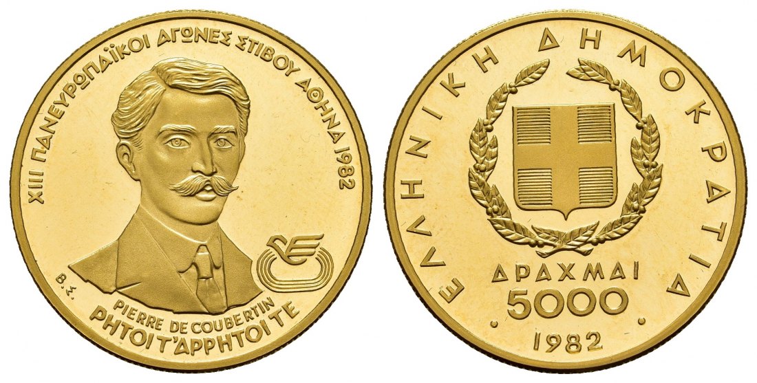 PEUS 9241 Griechenland 11,25 g Feingold. Pierre de Coubertins / Staatswappen 5000 Drachmai GOLD 1982 Proof (berührt)