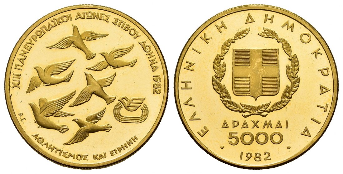 PEUS 9242 Griechenland 11,25 g Feingold. Friedenstauben / Staatswappen 5000 Drachmai GOLD 1982 Proof (berührt)