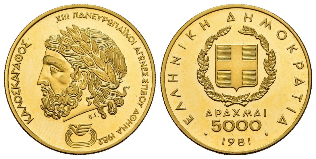 PEUS 9243 Griechenland 11,25 g Feingold. Zeus / Staatswappen 5000 Drachmai GOLD 1981 Proof (berührt)