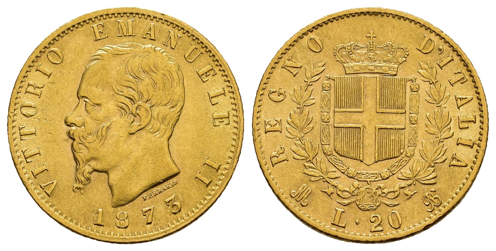PEUS 9246 Italien Königreich 5,81 g Feingold. Vittorio Emanuelle II. (1861 - 1878) 20 Lire GOLD 1873 M BN Sehr schön