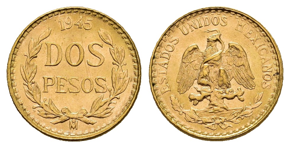 PEUS 9247 Mexiko 1,5 g Feingold 2 Pesos GOLD 1945 M Fast Stempelglanz