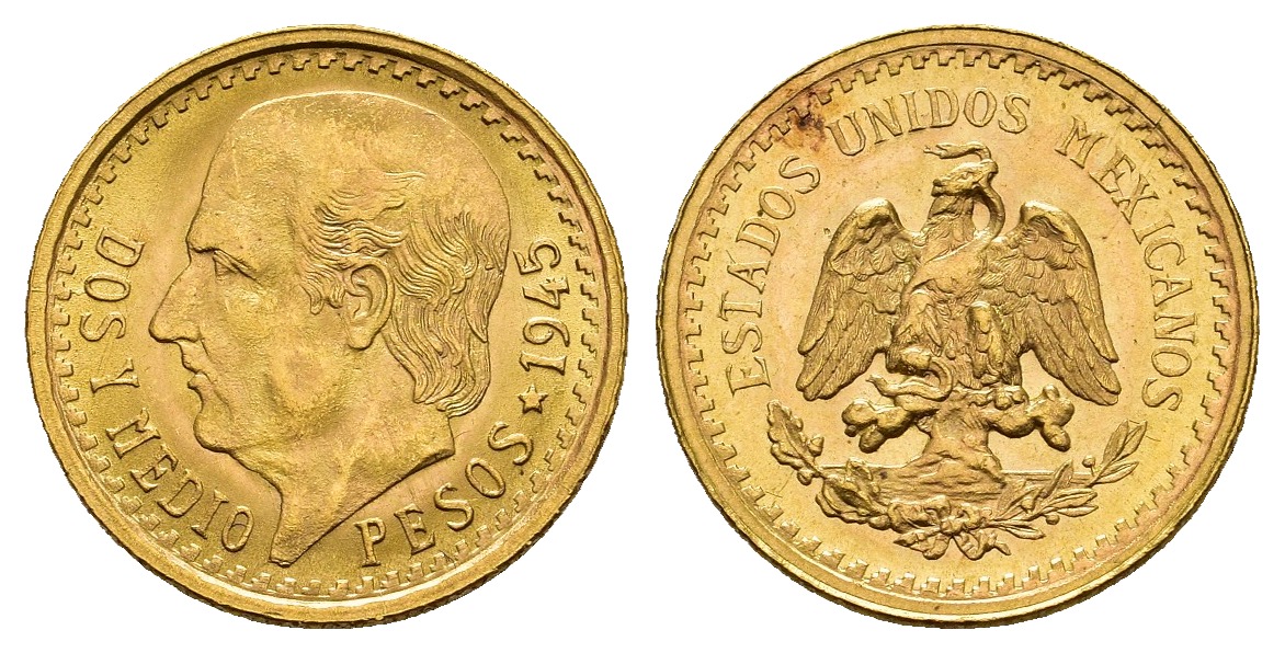 PEUS 9248 Mexiko 1,88 g Feingold. Miguel Hidalgo y Costilla 2 1/2 Pesos GOLD 1945 Fast Stempelglanz