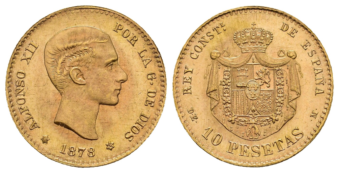PEUS 9252 Spanien 2,9 g Feingold. Alfons XII. 1874-1885 10 Pesetas GOLD 1878 (1862) NP Fast Stempelglanz