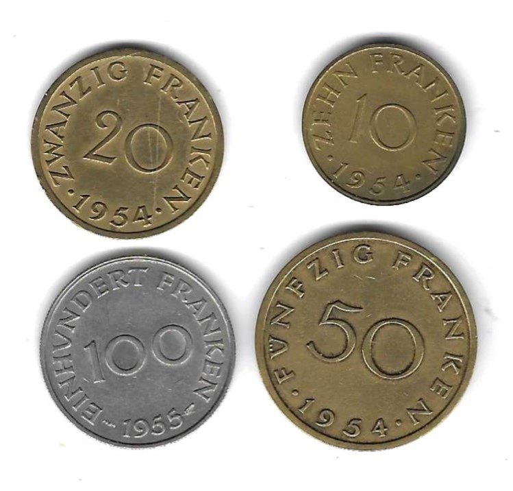  Saarland 100 Franken 1955, 50, 20, 10 Franken 1954, Top erhalten, siehe Scan unten   