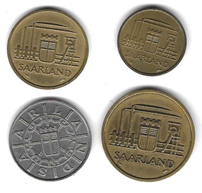  Saarland 100 Franken 1955, 50, 20, 10 Franken 1954, Top erhalten, siehe Scan unten   