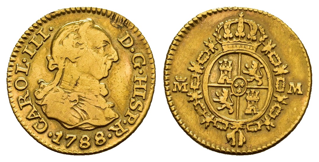 PEUS 9253 Spanien 1,7 g. Karl III. (1759-1788, 1731-1737 Herzog von Parma, 1738-1759 König Neapel+Sizilien) 1/2 Escudos GOLD 1788 M Madrid Henkelspur, Sehr schön