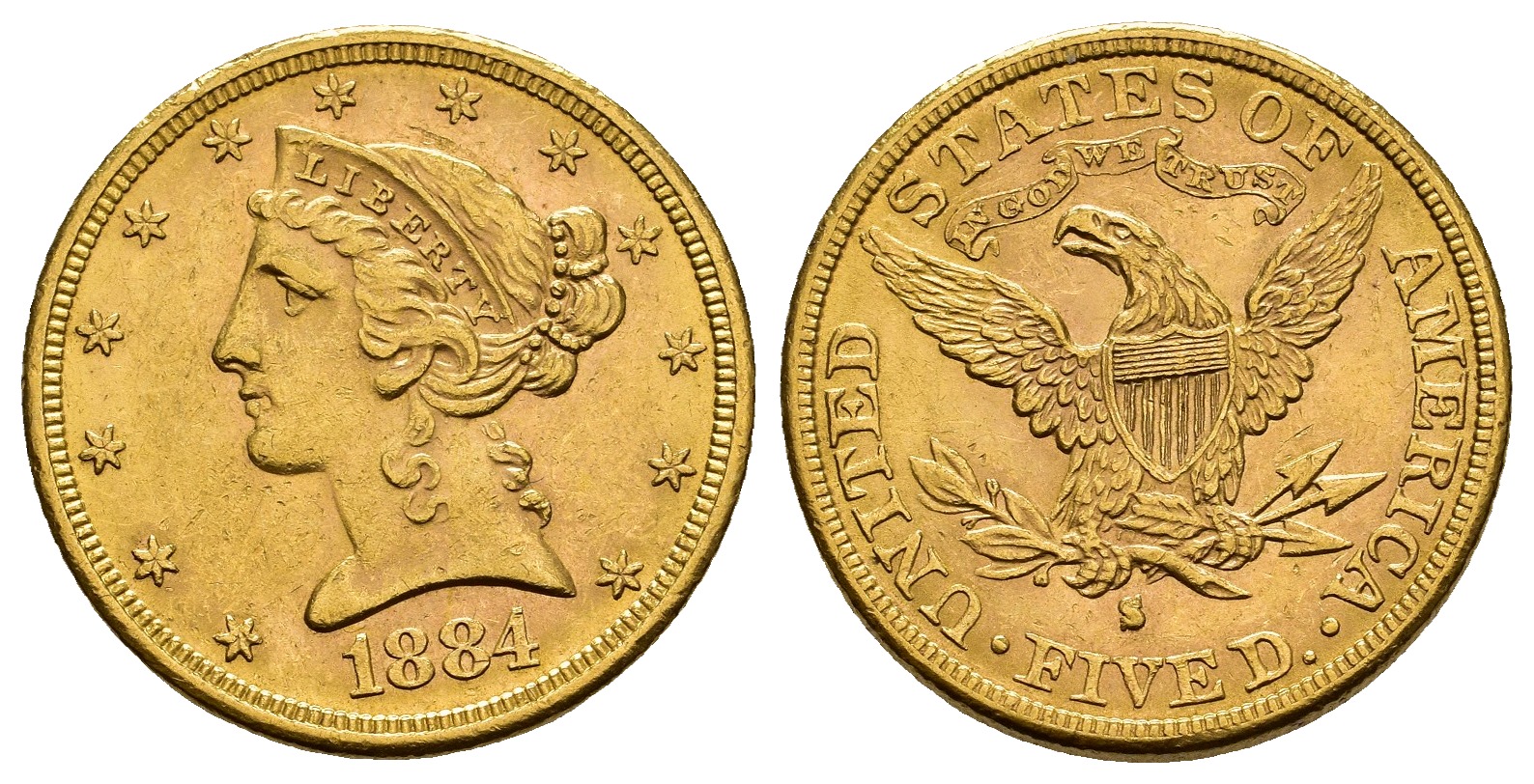 PEUS 9258 USA 7,52 g Feingold. Coronet Head 5 Dollars GOLD 1884 S Sehr schön