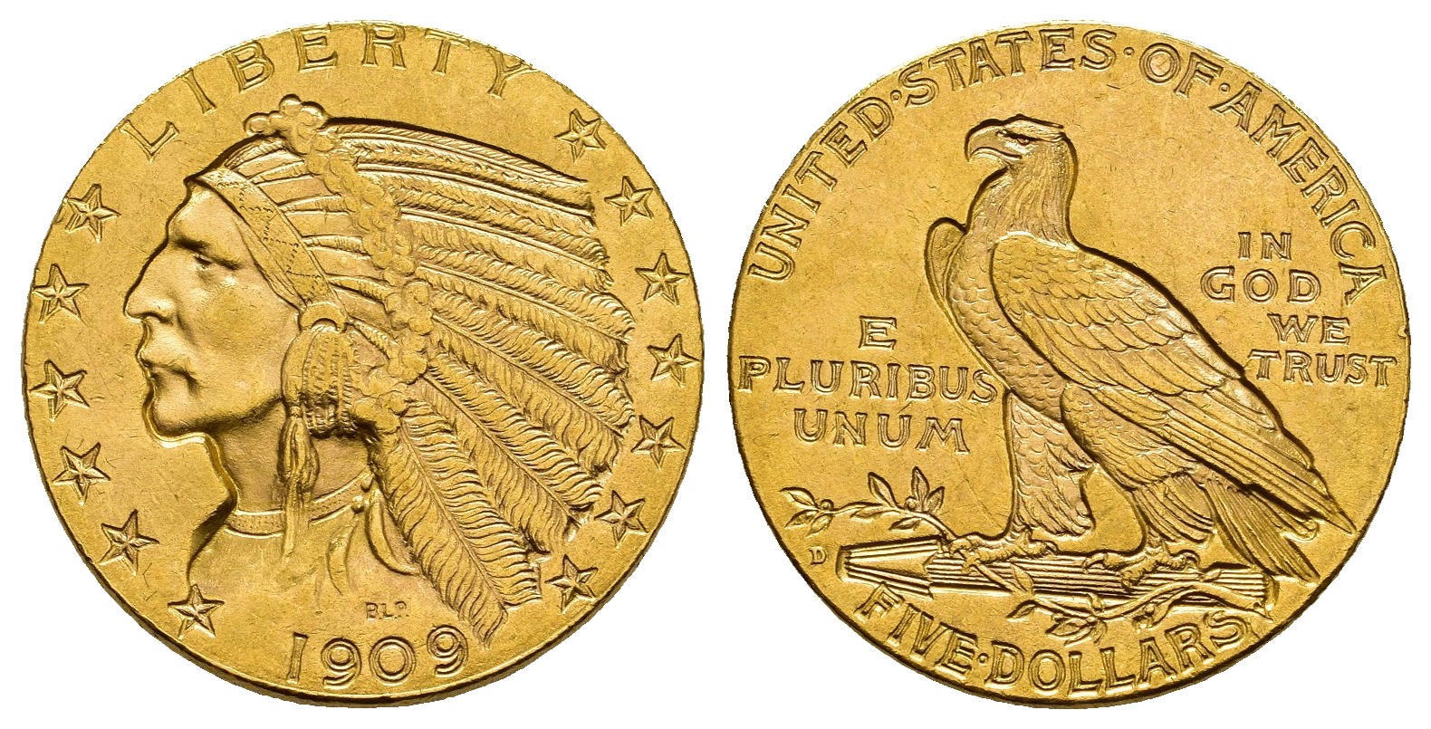 PEUS 9259 USA 7,52 g Feingold. Indian Head 5 Dollars GOLD 1909 D Sehr schön