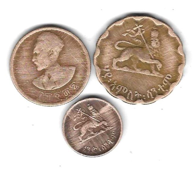  Äthiopien 1, 10, 25 Centimes alle 1944, Cu, mittelmäßig erhalten, siehe Scan unten   