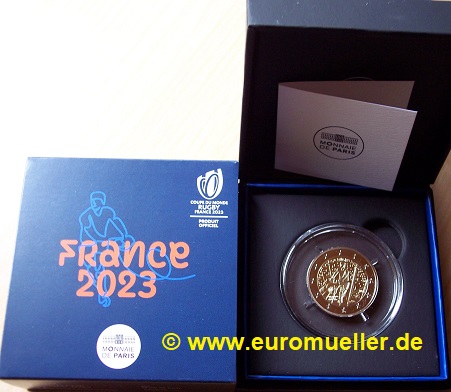 Frankreich 2 Euro Gedenkmünze 2023...Rugby-WM...PP... Box   