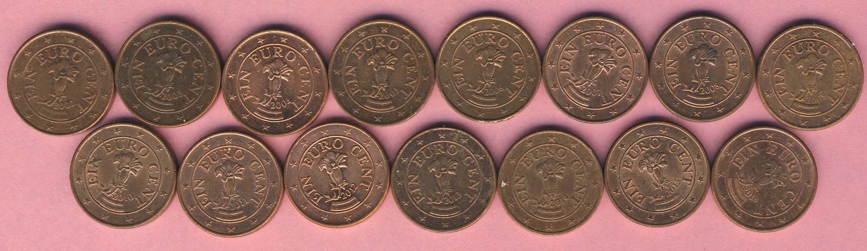  Österreich 15 x 1 Cent 2002,03,04,05,06,07,08,09,10,11,12,13,14,15 + 2018   