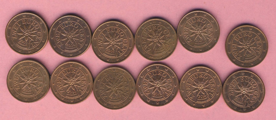  Österreich 12 x 2 Cent 2002,04,05,06,07,08,09,10,11,12,14, + 2015   