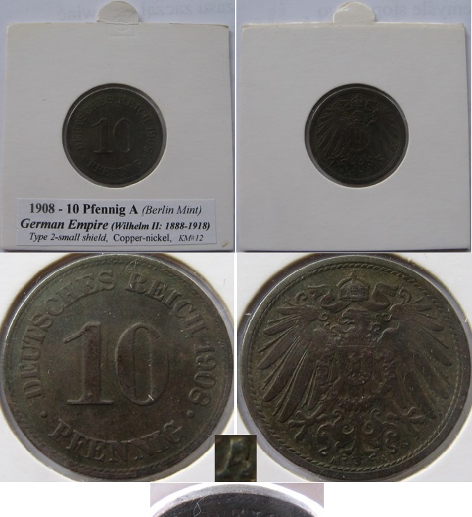 1908, Deutsches Reich, 10 Pfennig (A), Type 2 (kleiner Schild)   