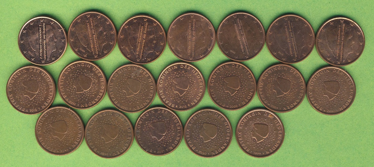  Niederlande 19x 5 Cent 1999,2000,01,05,06,07,08,09,10,11,12,13,14,15,16,17,18,19 + 2022   
