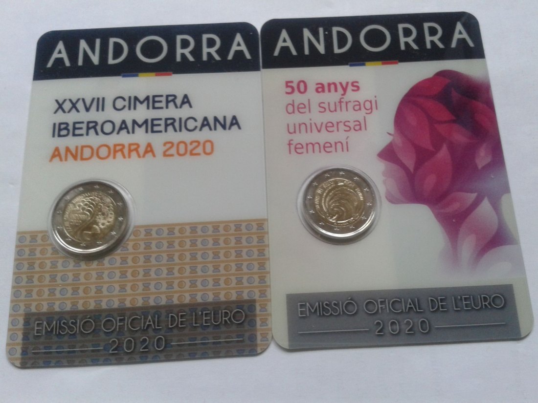 Original 2 x 2 euro 2020 Andorra Frauenwahlrecht und iberoamerikanischer Gipfel in coincards   