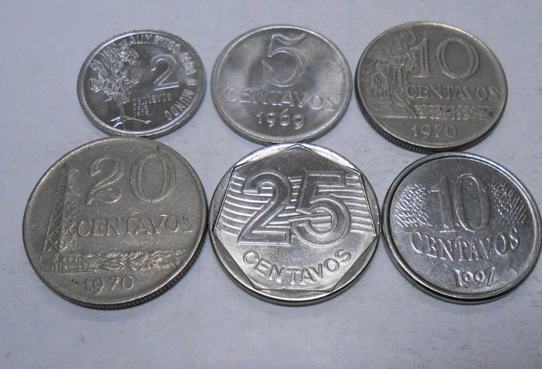  TK14 Brasilien 6er Lot, 2 Cent1975, 5 Cent1969, 10 Cent1970+1997, 20 Cent1970,25 Cent 1994   
