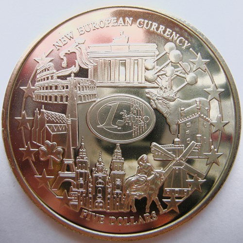  Liberia, 5 Dollar 2001, Einführung des Euro, 40 mm, 26,6 g, CuNi, PP   