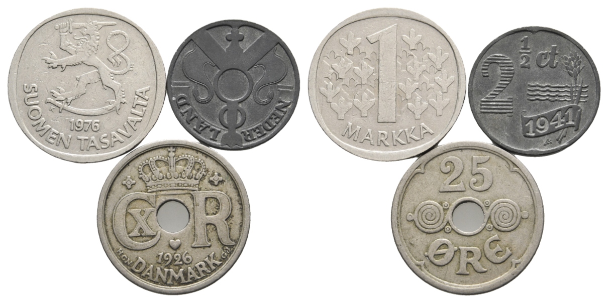  Ausland; 3 Kleinmünzen 1976/1941/1926; Finnland; Dänemark; Niederlande   