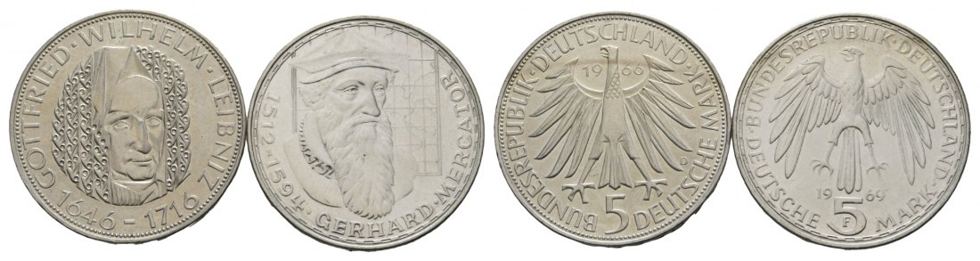  BRD; 5 Mark 1966D Leibniz; 5 Mark 1969 F Gerhard Mercator; Gedenkmünzen   