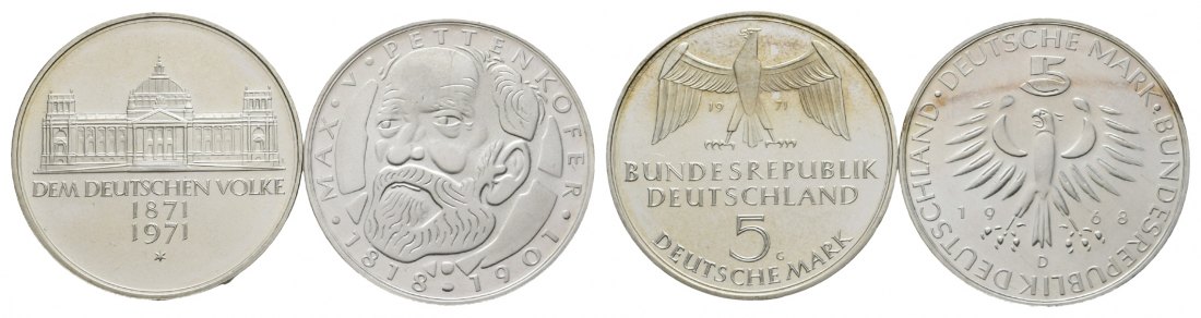  BRD; 5 Mark 1971 G Reichsgründung; 5 Mark 1968 D Pettenkofer; Gedenkmünzen   