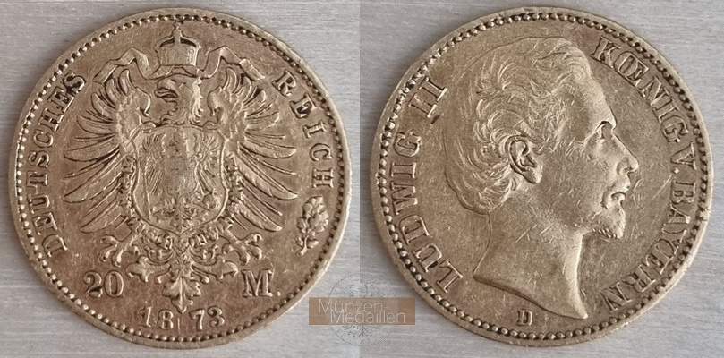 Bayern, Kaiserreich 20 Mark MM-Frankfurt Feingold: 7,17g Ludwig II. 1864-1886 1873 D 