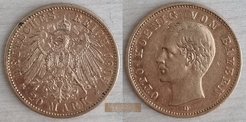 Bayern, Kaiserreich 20 Mark MM-Frankfurt Feingold: 7,17g Otto 1886-1913 1905 D 