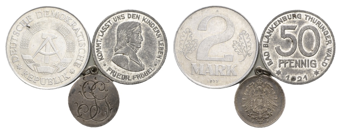  DDR, 2 Mark 1977; Bad Blankenburg Thüringen 50 Pfennig 1921; Medaille gehenkelt   