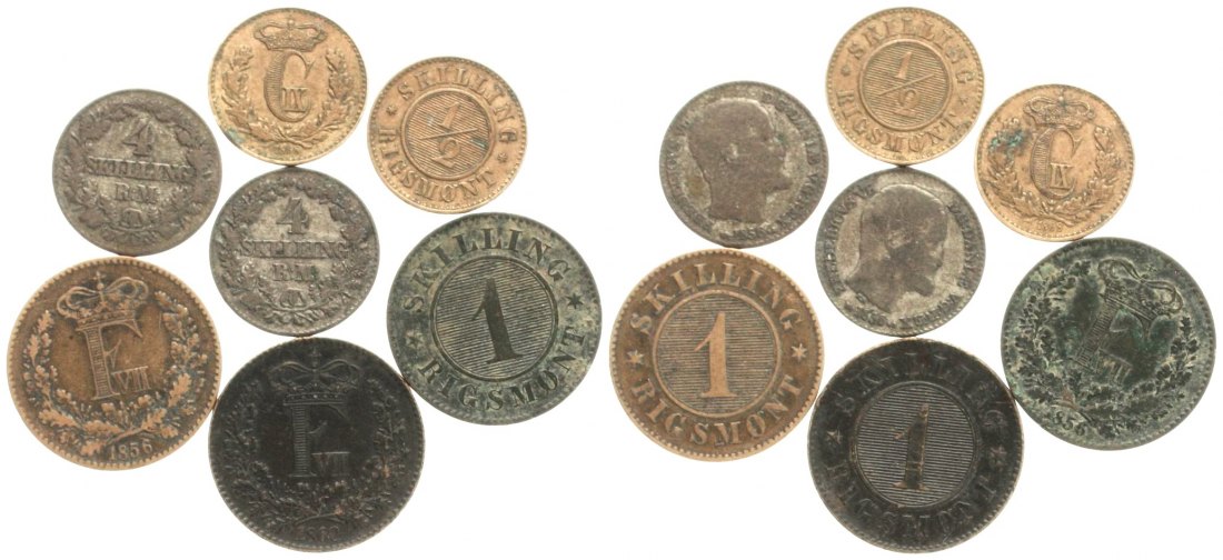  Dänemark: Lot von 7 Kleinmünzen ab 1856, alle aus der Zeit vor der skandinavischen Münzunion   