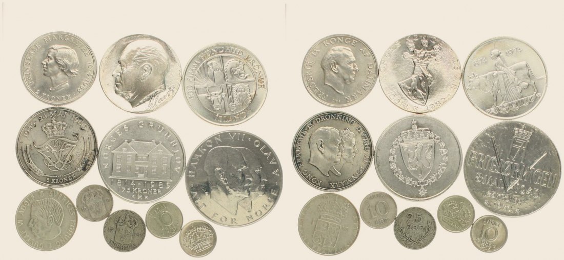  Wertvolles Lot von 20 skandinavischen Silbermünzen, Gewicht: 233,45 Gramm, alle Sammelwürdig!!   