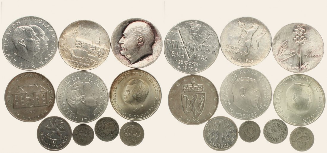  Wertvolles Lot von 20 skandinavischen Silbermünzen, Gewicht: 156,38 Gramm, alle Sammelwürdig!!   