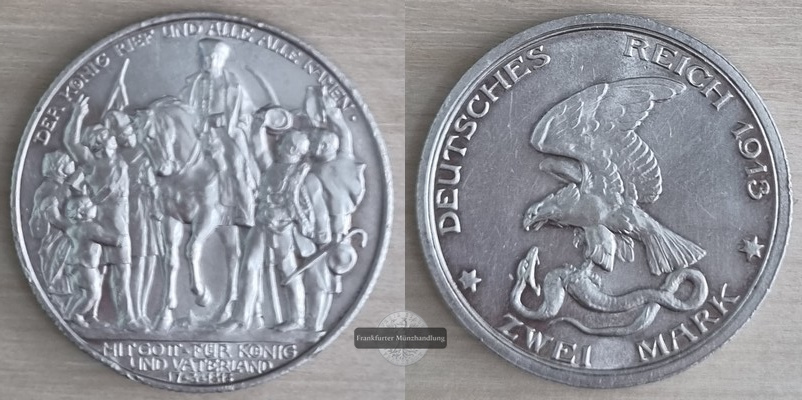  Deutsches Kaiserreich. Preussen, Wilhelm II. 2 Mark 1913 A Befreiung  FM-Frankfurt Feinsilber:10g   