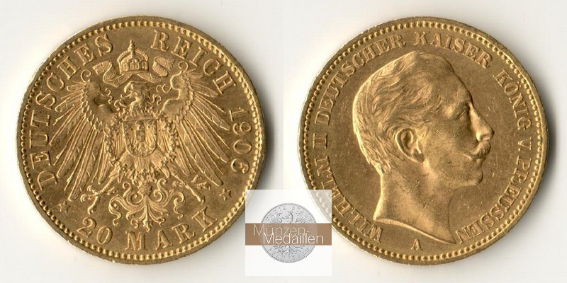 Preussen, Kaiserreich  20 Mark MM-Frankfurt Feingold: 7,17g Wilhelm II. (1891-1918) 1906 A 