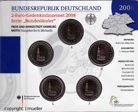 Deutschland ...2 Euro Gedenkmünzenset 2008...Hamburg...alle 5...bu.   