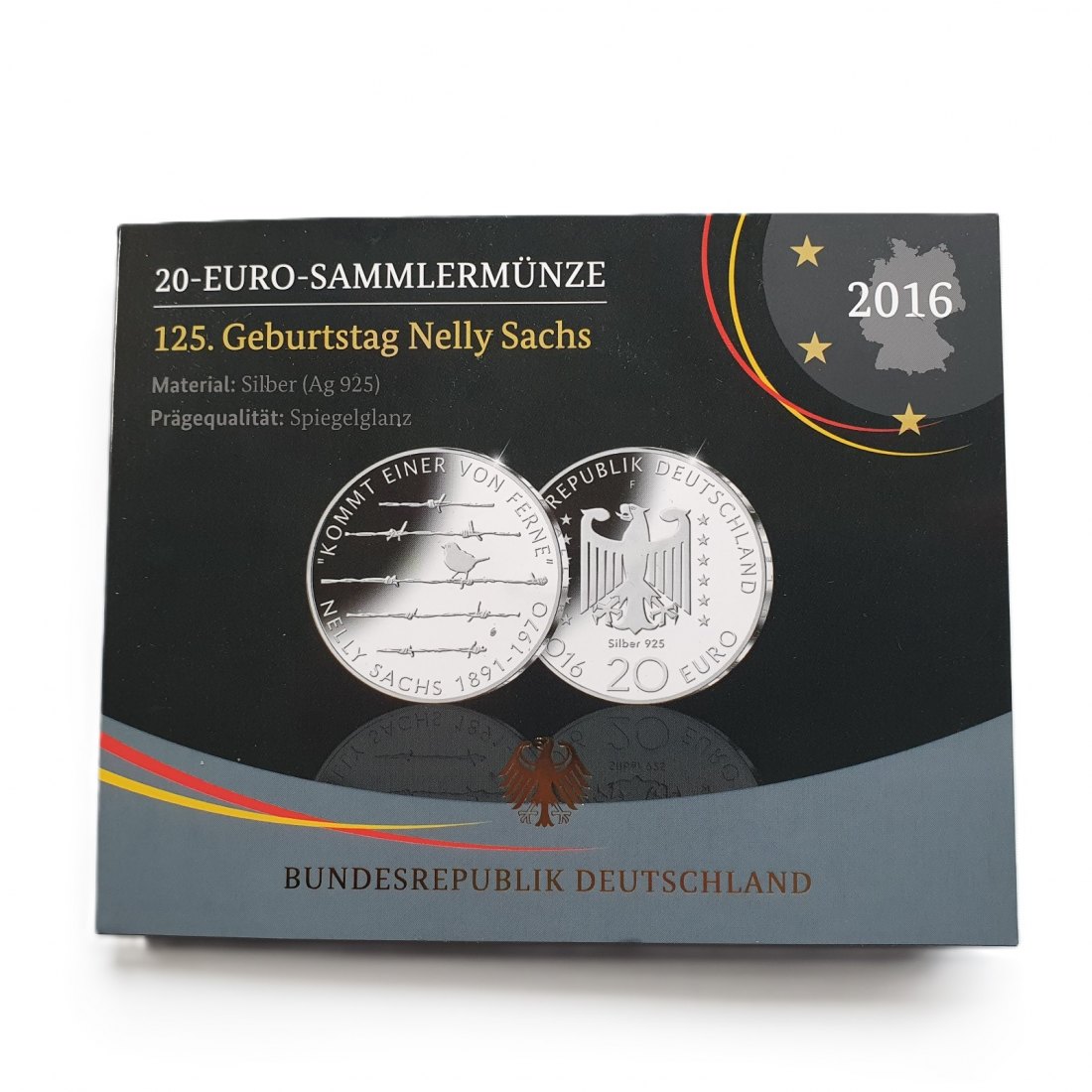  Deutschland 20 Euro 2016 F Sammlermünze 125. Geburtstag Nelly Sachs 925 Silber Spiegelglanz   