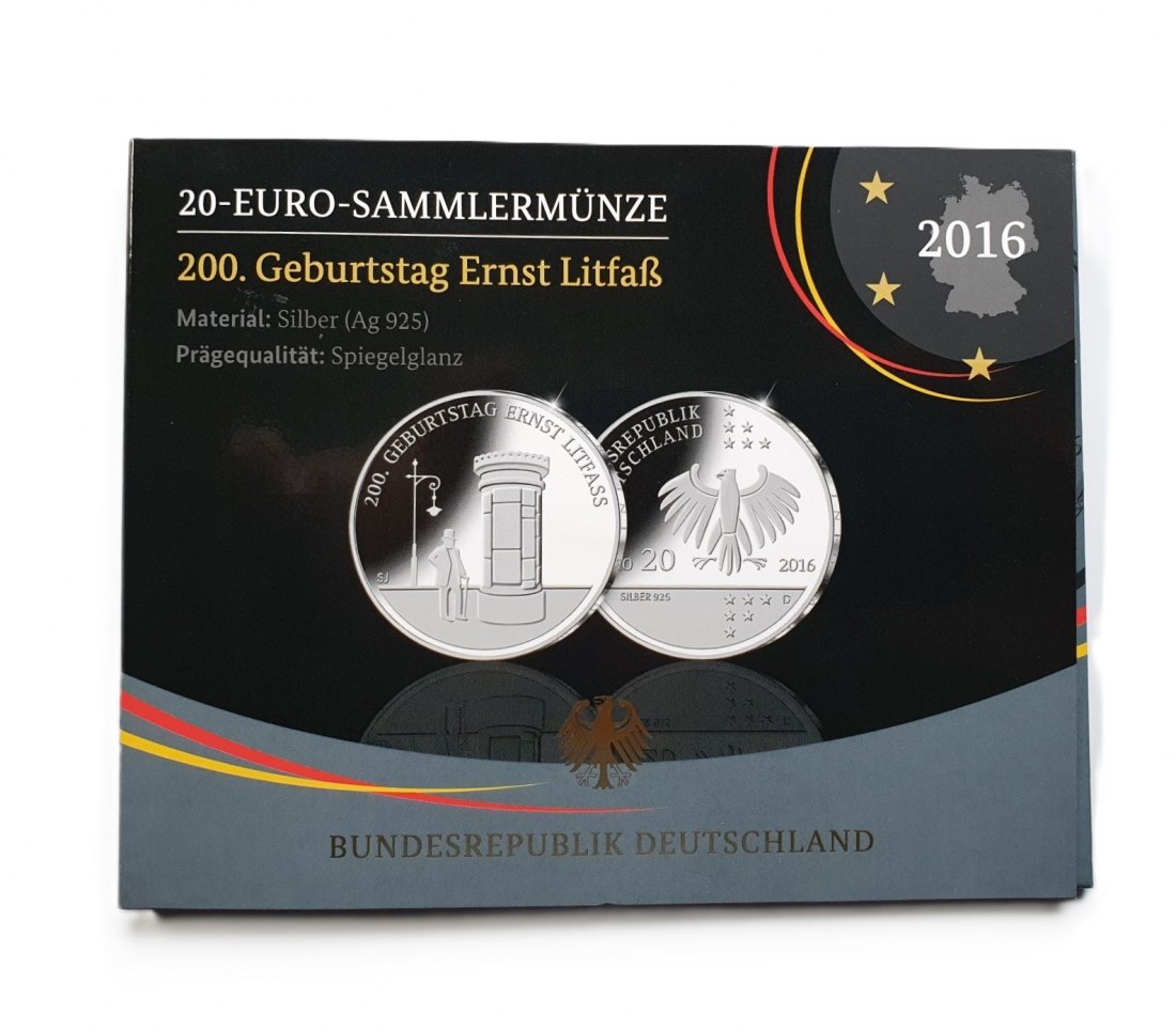  Deutschland 20 Euro 2016 D Sammlermünze 200. Geburtstag Ernst Litfaß 925 Silber Spiegelglanz   