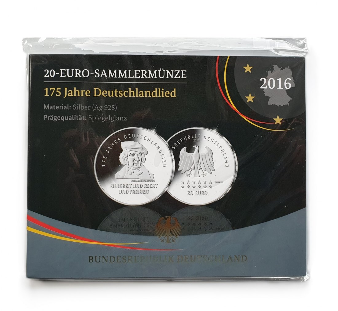  Deutschland 20 Euro 2016 J Sammlermünze 175 Jahre Deutschlandlied 925 Silber Spiegelglanz   
