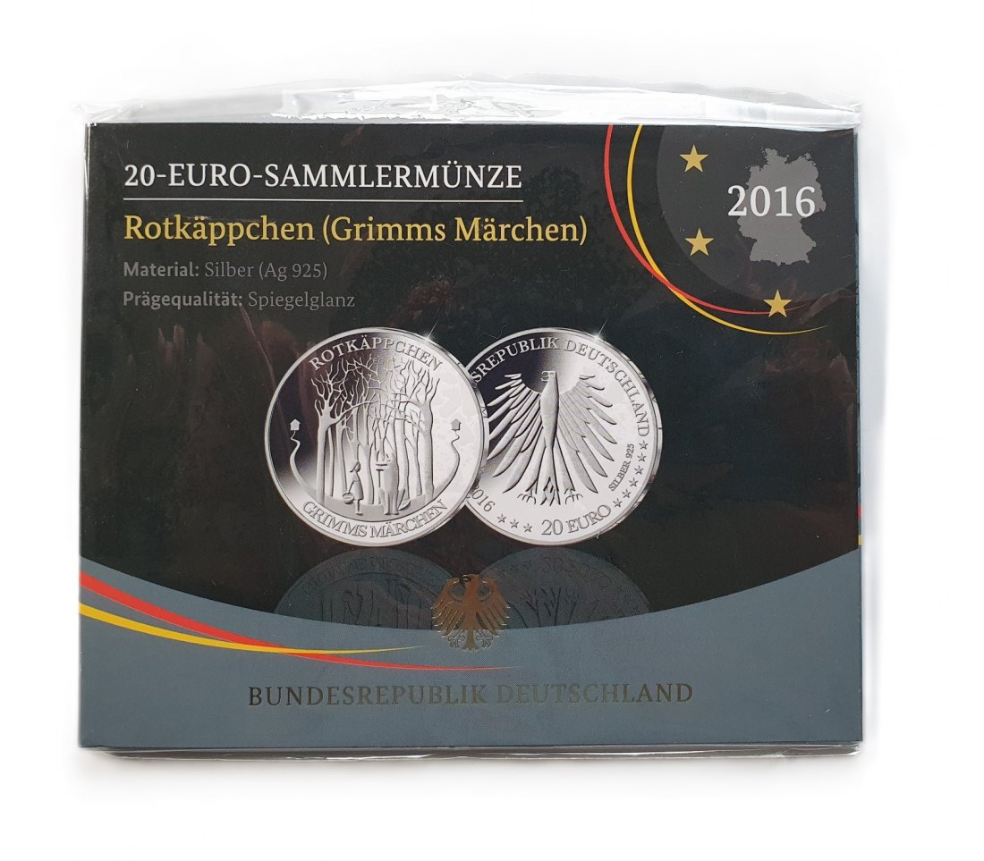  Deutschland 20 Euro 2016 A Sammlermünze Rotkäppchen Grimms Märchen 925 Silber Spiegelglanz   
