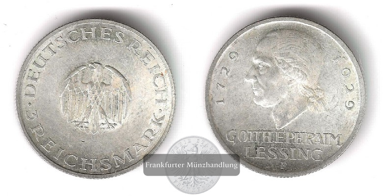  Deutschland.  Weimarer Republik 3 Reichsmark 1929 F Lessing   FM-Frankfurt  Feinsilber: 7,5g   