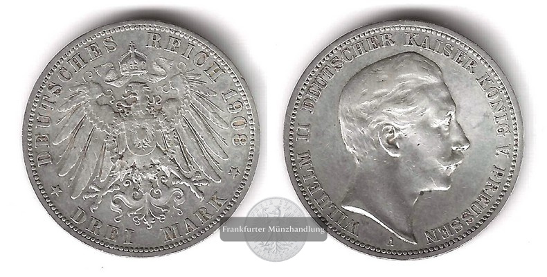  Deutsches Kaiserreich. Preussen, Wilhelm II. 3 Mark  1908 A  FM-Frankfurt   Feinsilber: 15g   