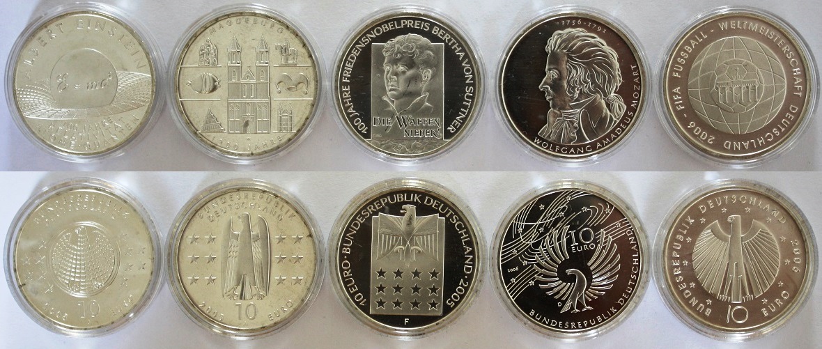  Deutschland 5 x 10 EURO Einstein Magdeburg Bertha von Suttner Mozart FIFA ca 90 g Silber Ag 925/1000   